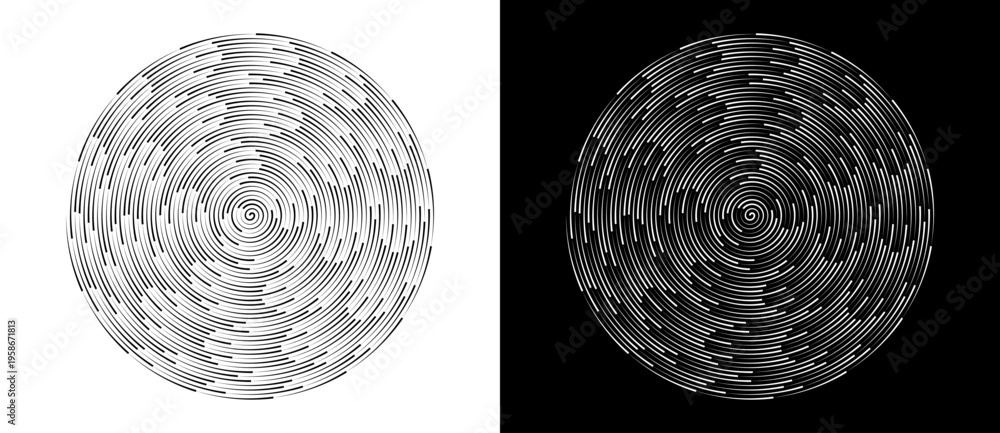 Fototapeta premium Abstract circular pattern with dense concentric dashed lines and spiral center. Minimalist vector illustration of digital vortex or vinyl record texture isolated on black and white backgrounds.