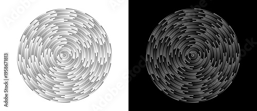 Abstract circular pattern with dense concentric dashed lines and spiral center. Minimalist vector illustration of digital vortex or vinyl record texture isolated on black and white backgrounds.