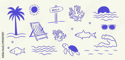 Crayon hand-drawn summer beach doodles: palm tree, sun, beach sign, coral, waves, sunglasses, chair, fish, turtle, ocean. Playful seaside icons for summer designs, posters, placards, t-shirts, prints.