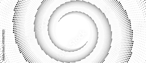 Abstract wide spiral halftone pattern with geometric diamond shapes. Minimalist vector illustration of swirling digital flow or cosmic vortex isolated on white background.