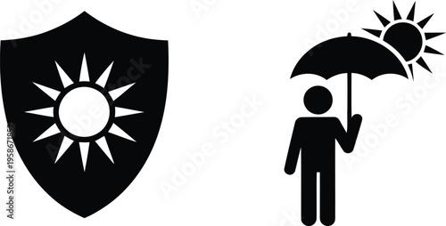 Simple black shield icon with sun and figure holding umbrella for essential sun protection