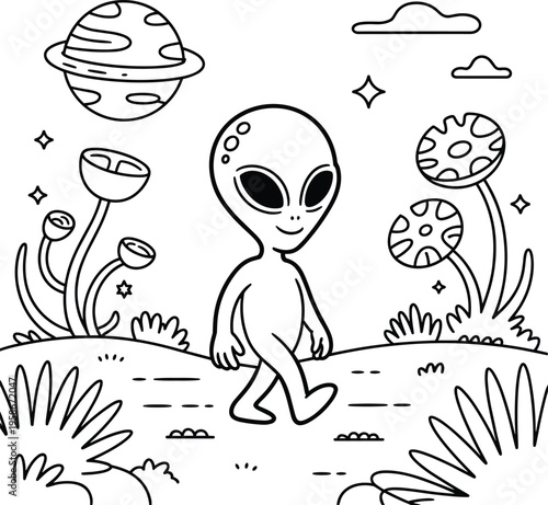Smiling alien walking on a planet with mushrooms and a ringed planet in the background coloring page