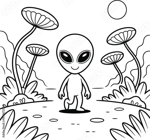 Smiling Alien Character Exploring a Mysterious Planet with Alien Flowers coloring page