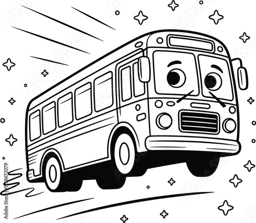 Cartoon school bus driving fast with happy face and stars coloring page