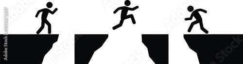 Simple black stick figures illustrate people facing and successfully crossing significant gaps or chasms