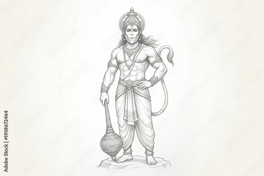 Obraz premium Lord Hanuman Simple Sketch Illustration with Copy Space