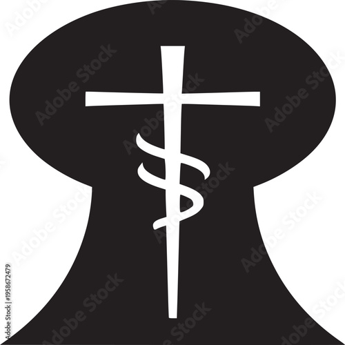 A black keyhole silhouette with a white cross and caduceus symbol on a white background design art
