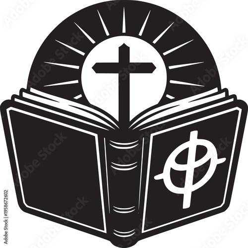 Open book with cross and sun rays in black and white for religious or educational concepts design