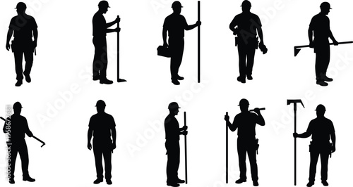 Silhouette construction workers, hard hats, tools, teamwork, industrial labor, building site, safety gear, engineering, heavy equipment, teamwork collaboration, construction industry