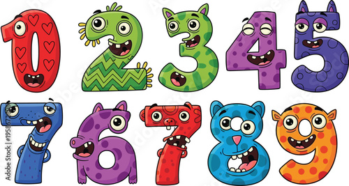 Colorful cartoon animal-style numbers 0–9 with playful faces, patterns, and textures for children’s educational and creative design.