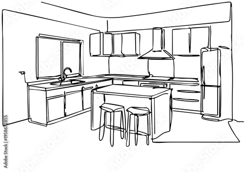 Kitchen room graphic black white home interior sketch illustration vector