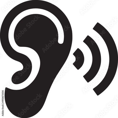 Black and white illustration of an ear with sound waves emanating from it on a white background
