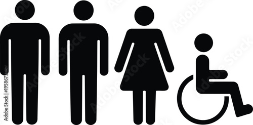 Standard black male, female, and wheelchair user symbols for restroom identification against white