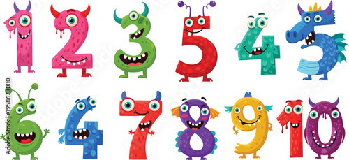 Colorful cartoon monster numbers 1–10 with playful eyes, horns, mouths, and textures for children’s educational and creative design.