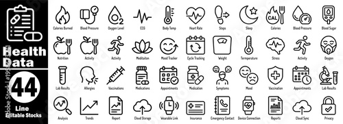 Health data collection icons. Featuring medical monitoring symbols for blood pressure, oxygen levels, heart rate, body temperature, and general patient care vector illustration.