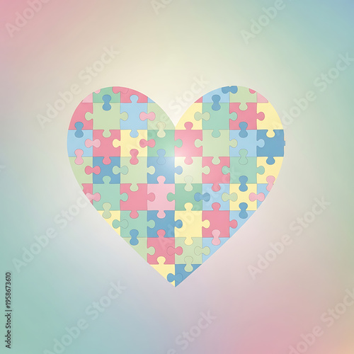 Heart-shaped puzzle with multicolored pieces on a soft gradient background