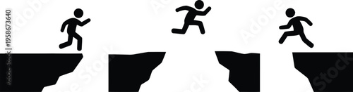 Three black stick figures are depicted navigating a series of challenging gaps and overcoming obstacles