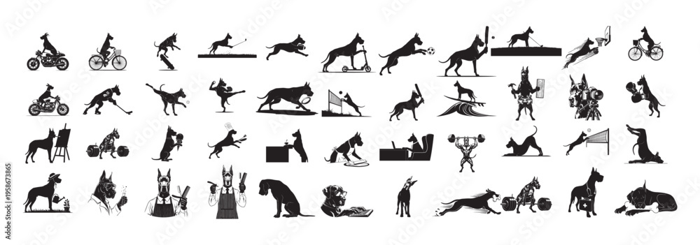 Naklejka premium Great Dane Dog Silhouette Mega Collection - 40+ Unique Lifestyle and Sports Action Vector Set.
