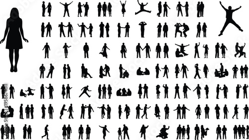 Silhouette people collection, human poses, group teamwork, jumping, standing, sitting, interaction, body language, crowd, business, lifestyle, fitness, dance, communication,