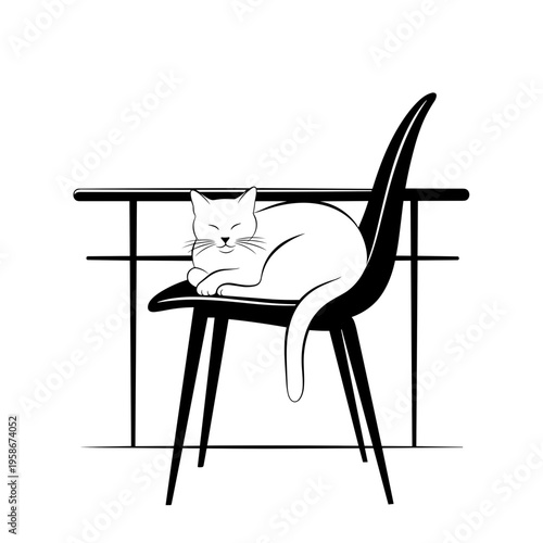 Cat sleeping on chair beside table in minimalist style  