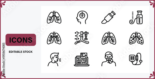 A collection of various medical icons related to health and respiratory system  Editable stock vector graphics
