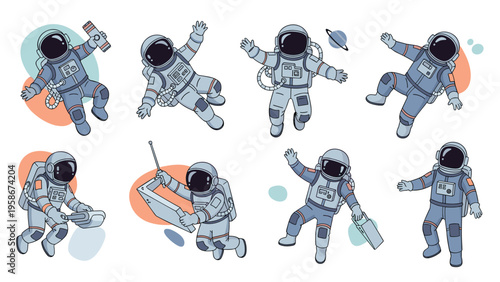Group of astronauts in classic white space suits floating in different directions and orientations against a plain white background.
