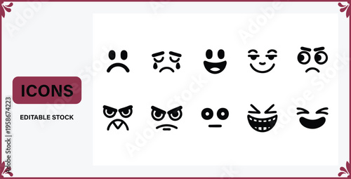 Collection of various emoticon faces for digital communication and design  expressing different emotions and reactions