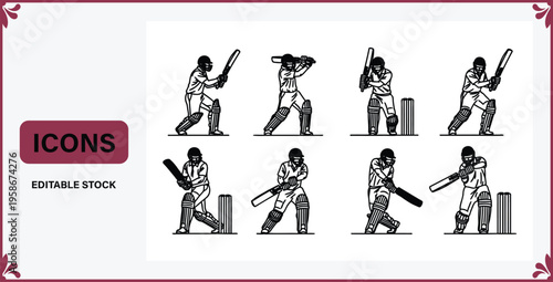 Cricket player icons in different batting poses with equipment  sports illustrations