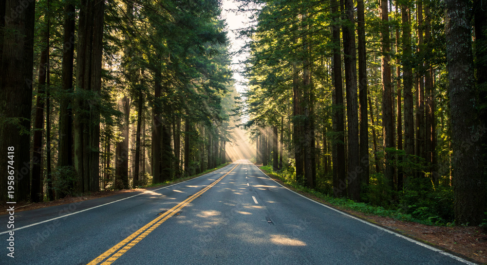 Fototapeta premium Dense Lightbeams on the Redwood Highway, Redwood National and State Parks, California