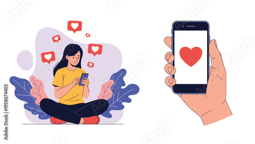 Young woman sitting and using her smartphone with many floating like symbols and a close up of a hand holding a mobile device.