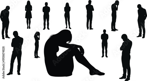 Silhouette people concept, emotional distress, mental health awareness, depression support, loneliness, anxiety, sadness, isolation, psychology, therapy, social concern illustration