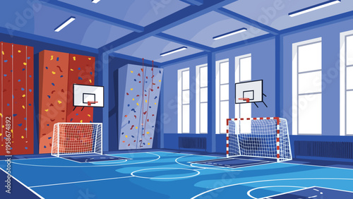 Spacious indoor multi sport gymnasium featuring climbing walls, basketball hoops, soccer goals, and large windows for natural light.