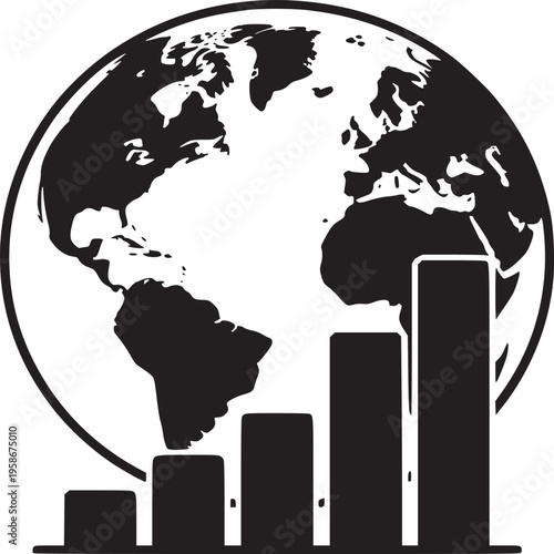 Black and white illustration of a globe with a bar graph overlayed on the earth design element