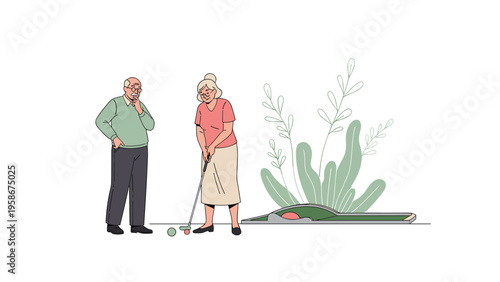 Active senior couple enjoying a game of minigolf together on a sunny day with the woman putting the ball towards the hole carefully.
