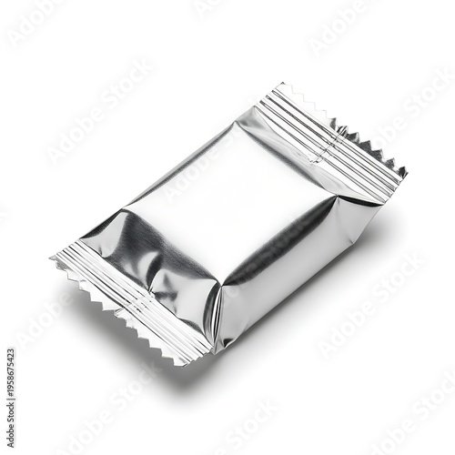 Shiny foil-wrapped packet containing a single tea bag or similar product