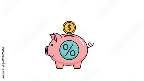 Cute pink piggy bank with a blue percentage symbol on its side as a gold dollar coin is being deposited into the savings slot.