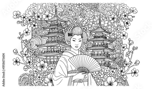Japanese Geisha Sakura Pagoda Adult Coloring Book Line Art Vector