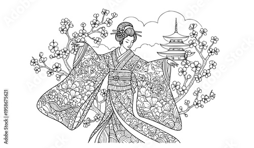 Zentangle Style Geisha with Cherry Blossoms Adult Coloring Page Vector Art