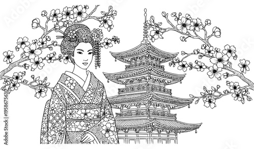 Geisha Zentangle Coloring Page with Pagoda and Cherry Blossom Vector Illustration