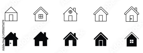 Web home icon set for websites and apps, simple house symbol, flat real estate sign, main page pictogram in filled, thin line, outline, and stroke style