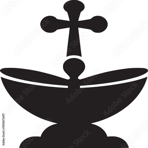 A simple black and white graphic of a baptismal font with a cross on top in a minimalist style