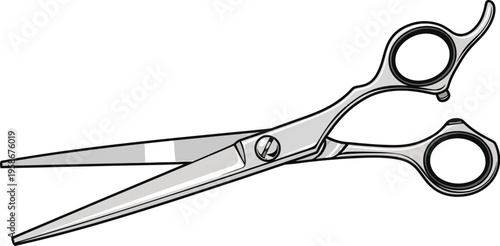Sharp stainless steel professional hairdressing scissors lie open on a.