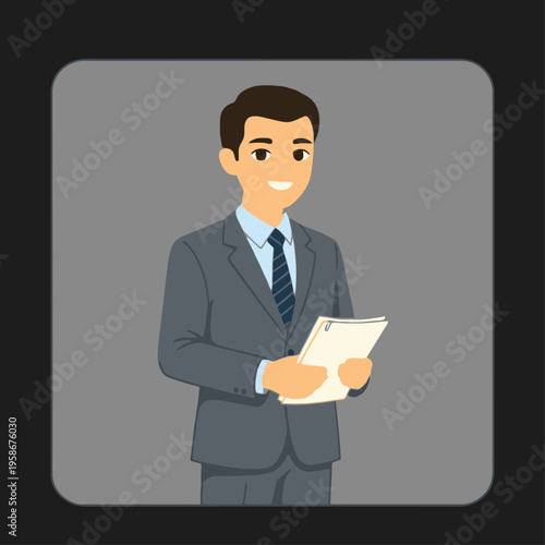 A professional businessman in a suit holding documents, standing confidently and looking towards the viewer with a slight smile