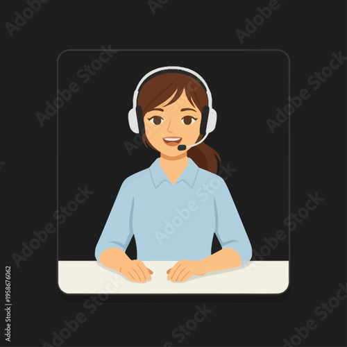 Friendly female customer service representative avatar illustration, ready to assist clients with inquiries and provide excellent support in a professional call center environment