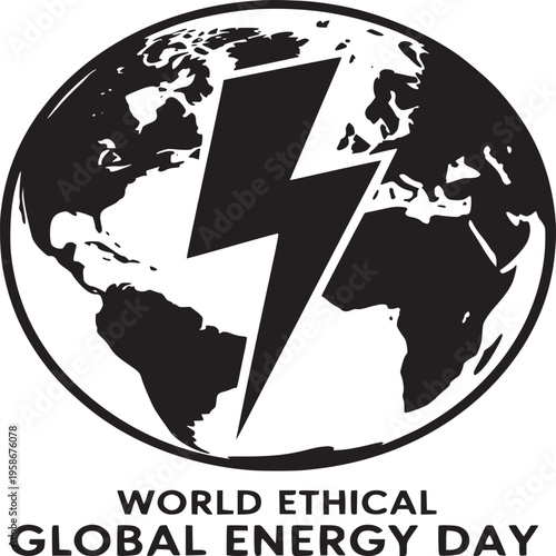 Black and white graphic of earth with lightning bolt for world ethical global energy day concept