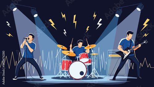 Energetic rock band performing a live concert on stage with a singer and guitarist plus a drummer under bright blue spotlights.