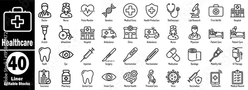 Healthcare and medical liner editable stock icons for website and app design, illustration symbols, vectors.