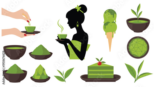 Comprehensive set of matcha green tea products featuring powdered tea and desserts like cake plus ice cream and a tea ceremony scene.