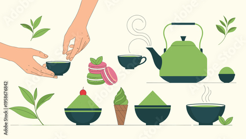 Elegant tea set illustration featuring a green kettle with steaming cups and sweet snacks like colorful macarons and ice cream.