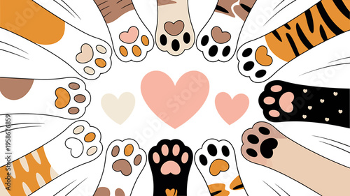 Cartoon animal paws in a circle with hearts on white background